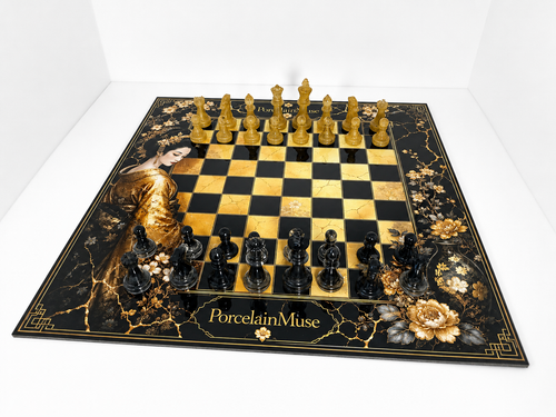 Black Gold Geisha Chess Set, Kintsugi Collector Board
