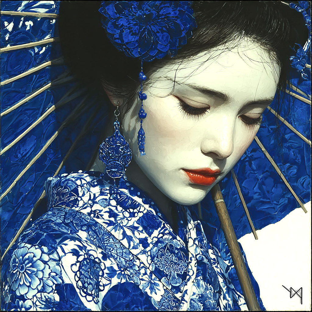 Geisha Beneath the Indigo Parasol — Porcelain Canvas Art — PorcelainMuse