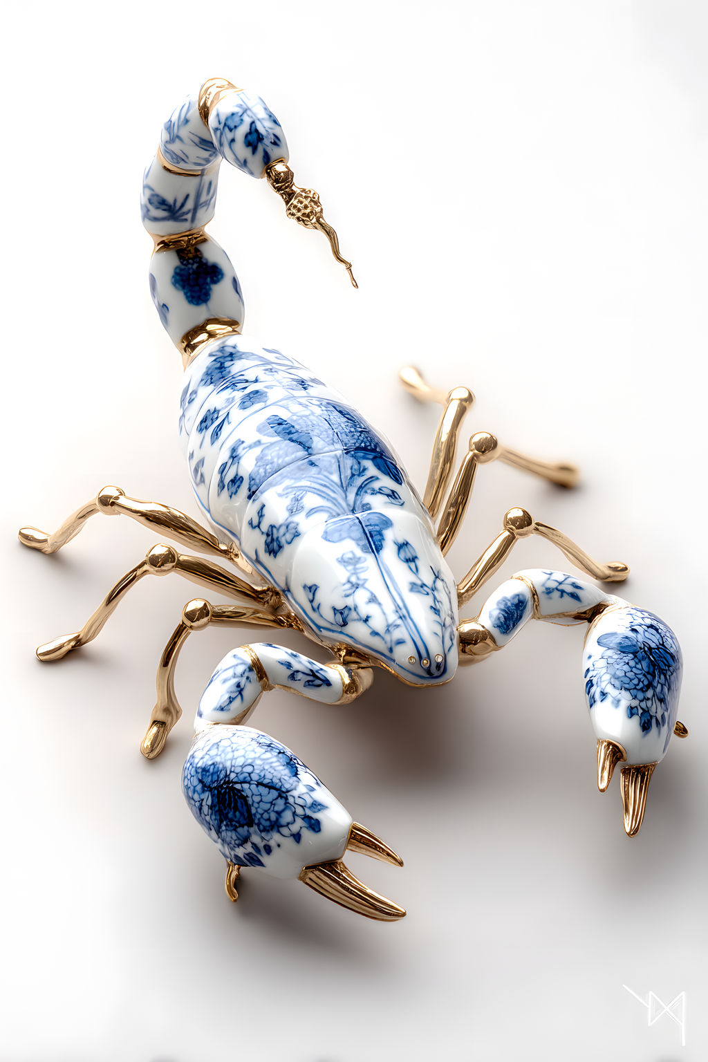 Scorpion of Cobalt and Gold — porcelain scorpion figurine with gold-gilt legs and cobalt floral motifs