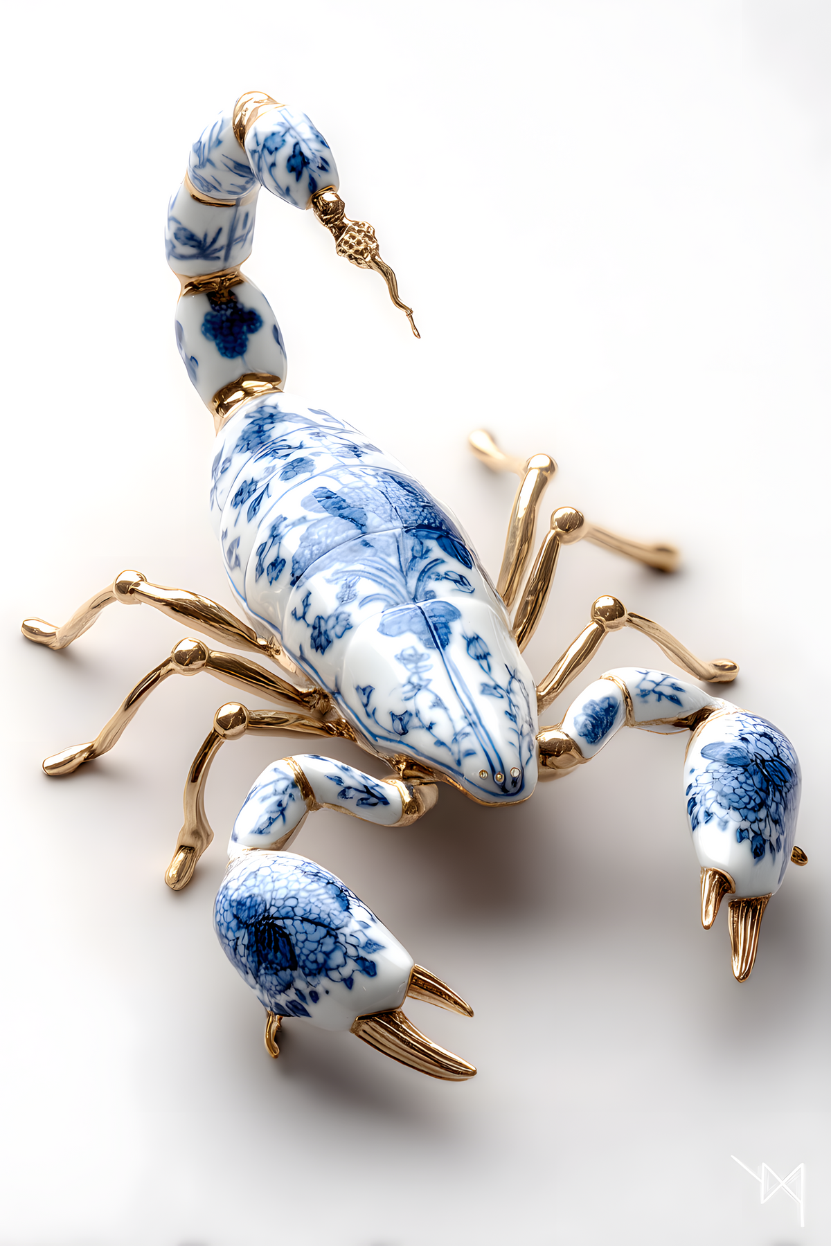 Scorpion of Cobalt and Gold — porcelain scorpion figurine with gold-gilt legs and cobalt floral motifs