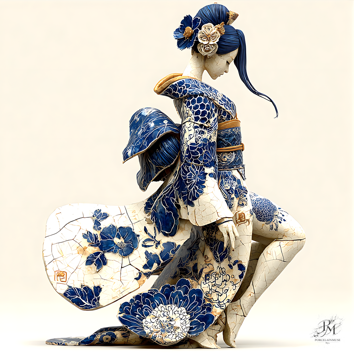 Blue Porcelain Geisha – Japanese Contemporary Art — geisha kneeling in profile in a crackled ivory porcelain kimono with a voluminous obi bow