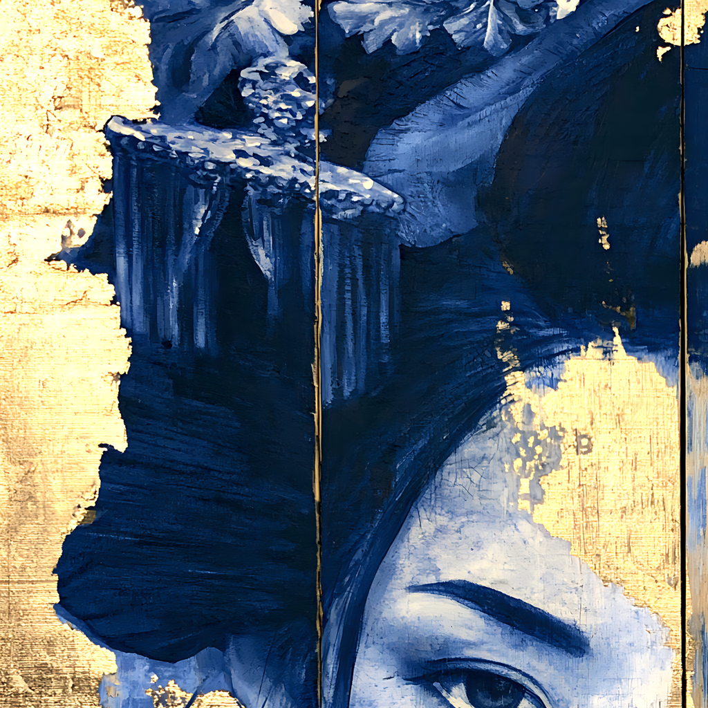 Golden Silence — Blue Porcelain Geisha Canvas Art