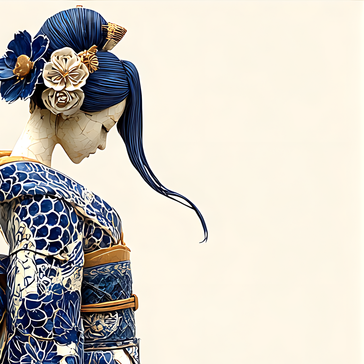 Detail of the gold hair ornament and blue and white porcelain blossoms