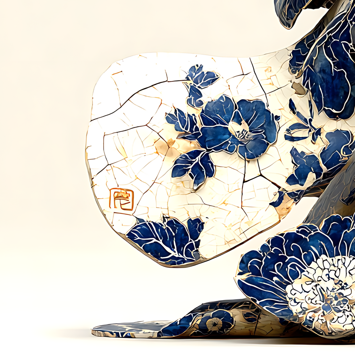 Detail of the cobalt peony motif across the kimono hem