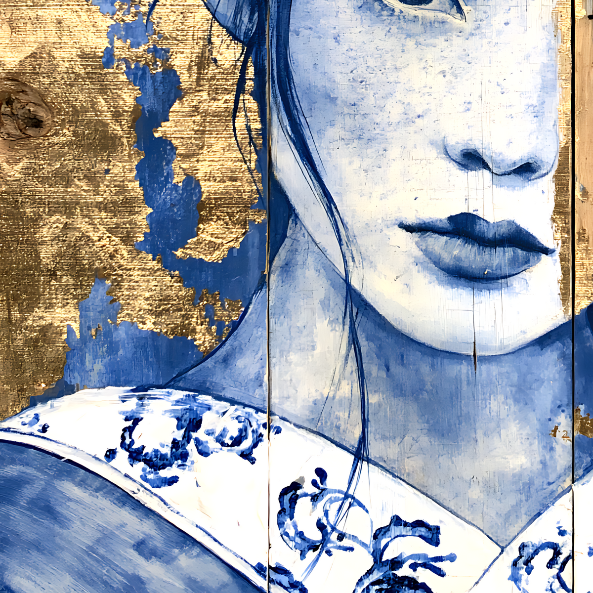 Golden Silence — Blue Porcelain Geisha Canvas Art