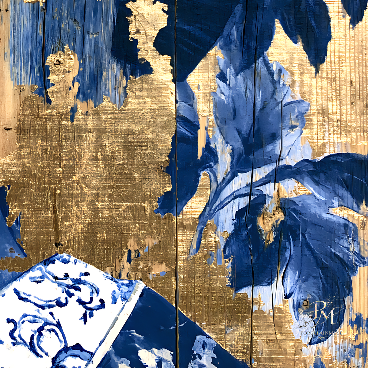 Golden Silence — Blue Porcelain Geisha Canvas Art
