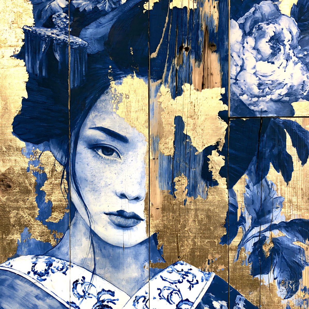 Golden Silence — Blue Porcelain Geisha Canvas Art