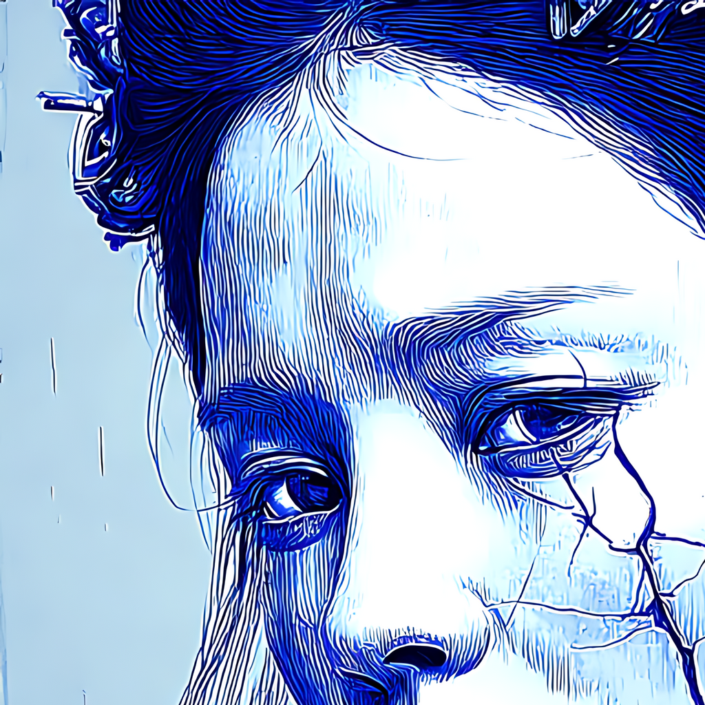 Detail of the crack tracing across the cheek and jaw