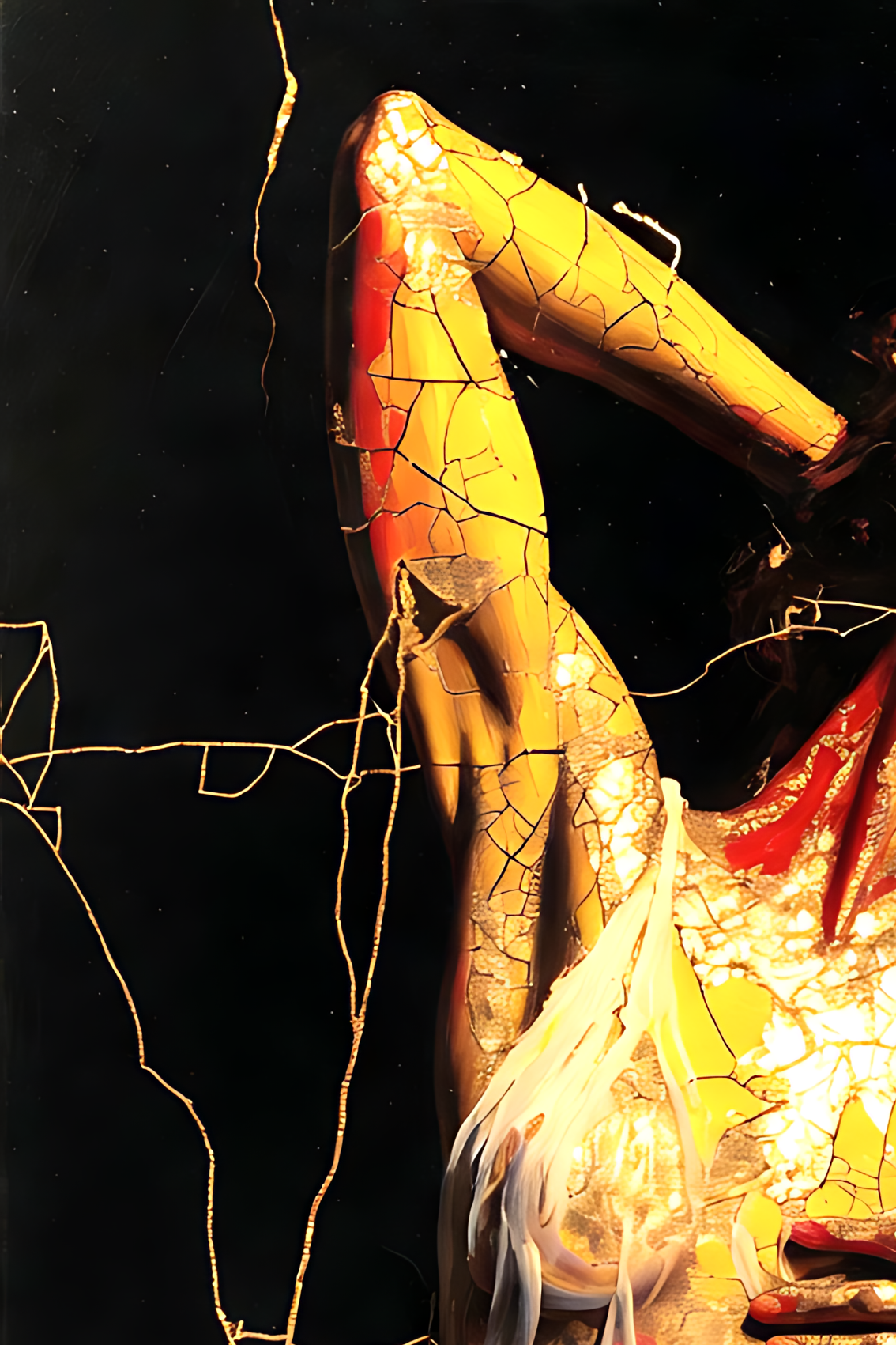 Detail of the raised arm with gold crackle skin
