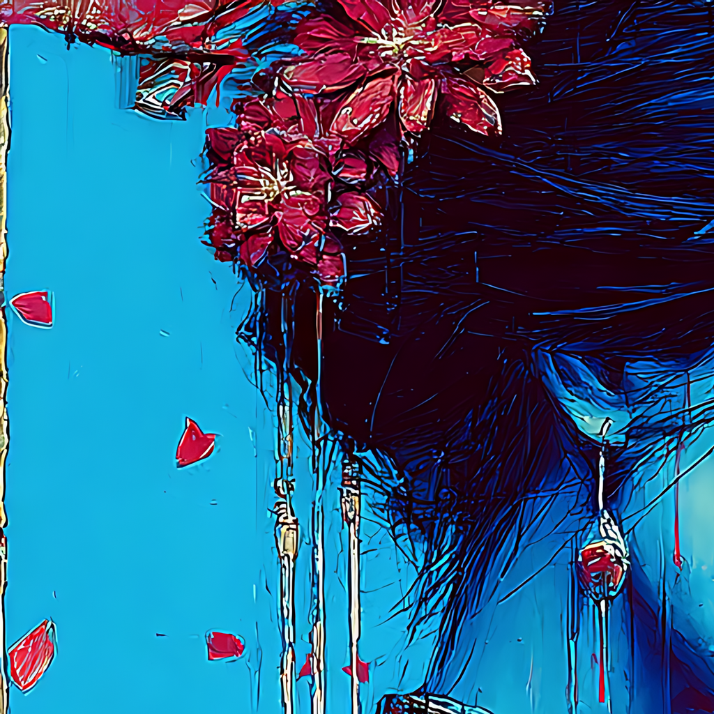 Détail des fleurs rouges et de la boucle d'oreille en larme