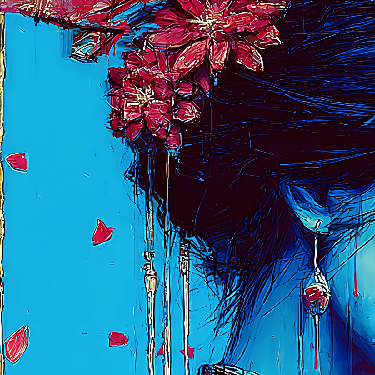 Detail of the red blossoms and teardrop earring