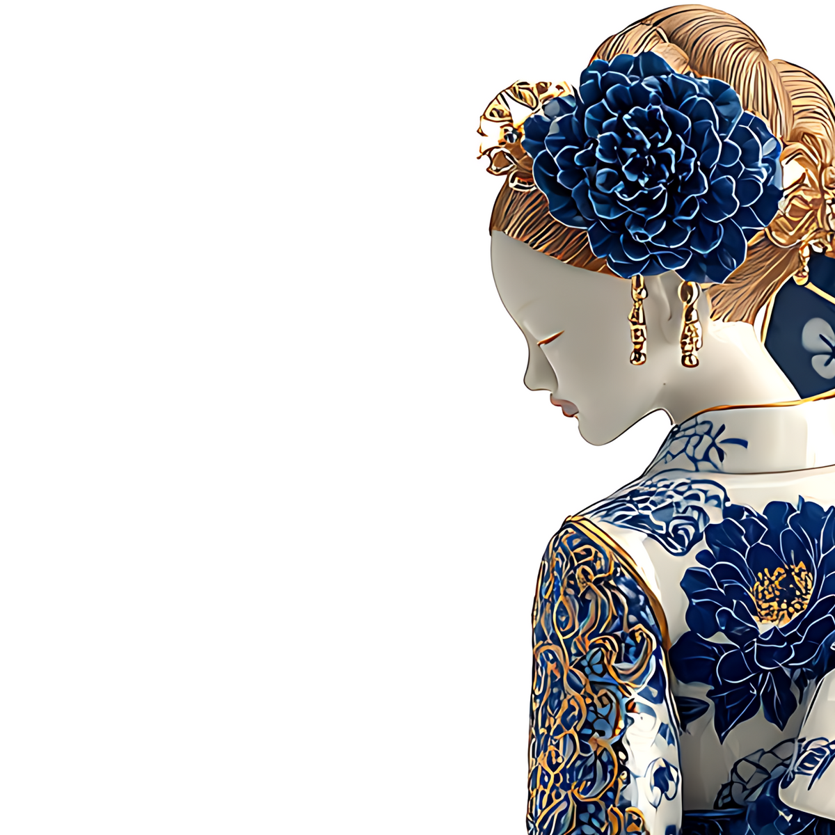 Detail of the face and shoulder with cobalt floral motifs