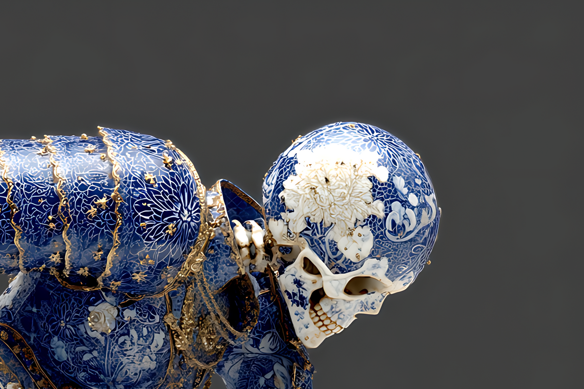 Detail of the kintsugi-style gold seams tracing the armour and joints