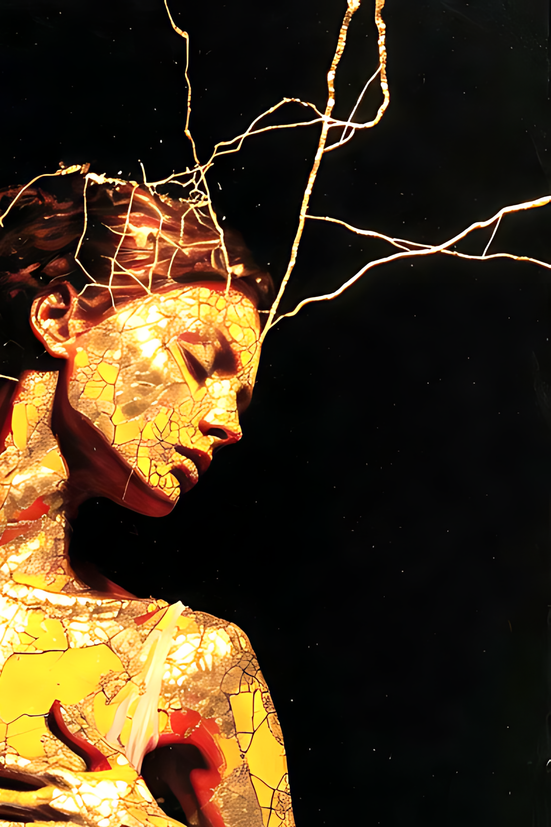 Detail of the face and radiating gold cracks