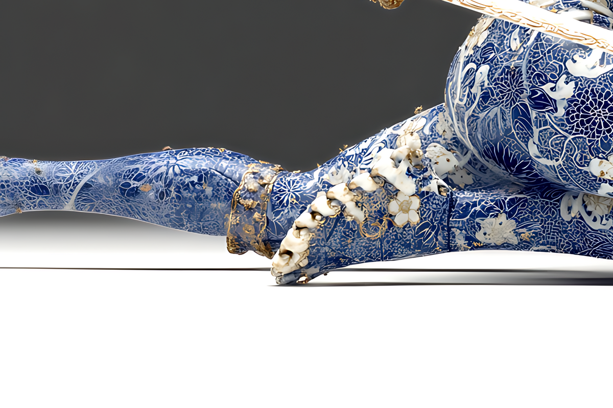 Detail of the cobalt floral and chrysanthemum motifs across the torso