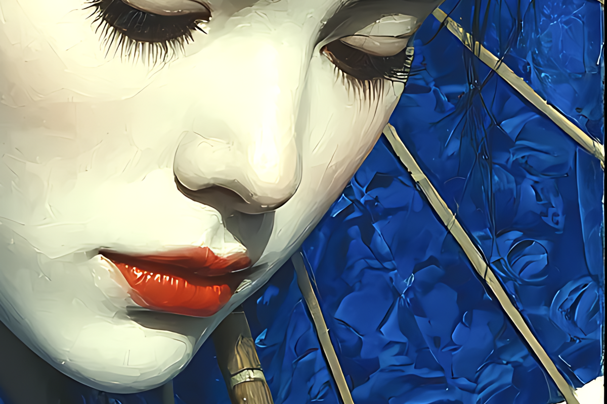 Geisha Beneath the Indigo Parasol — Porcelain Canvas Art — PorcelainMuse