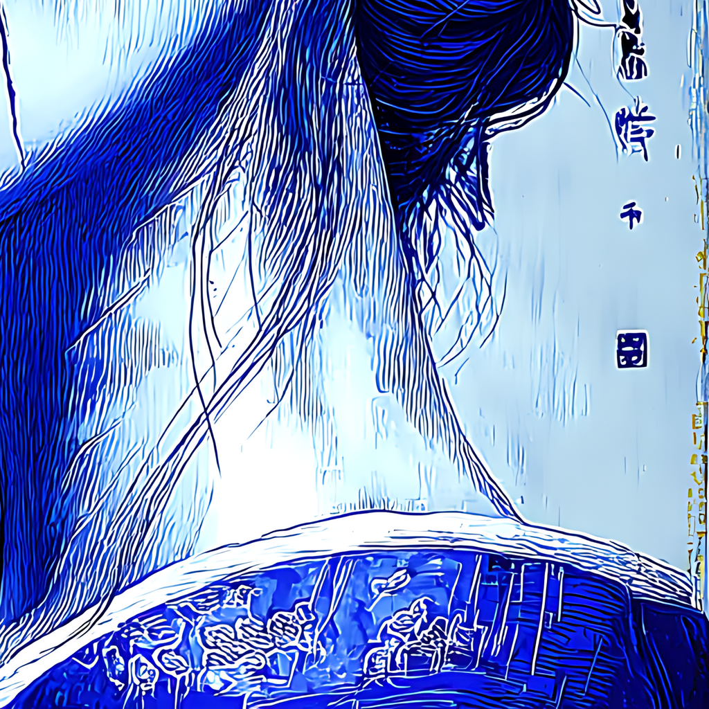 Detail of the calligraphy characters and red seal mark near the shoulder
