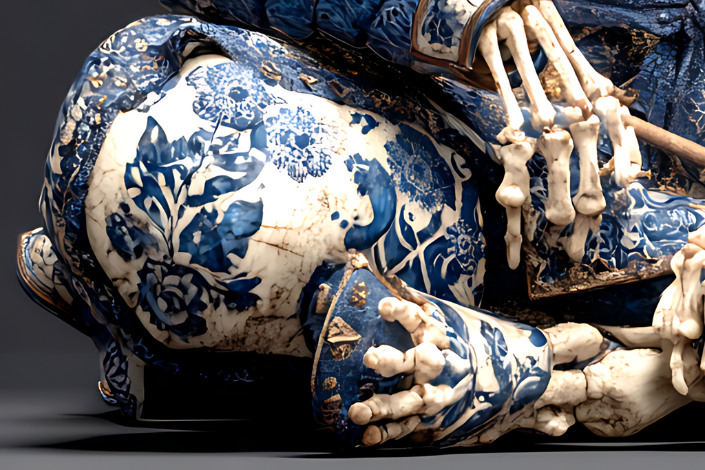 The Eternal Ronin — Blue Porcelain Skeleton Samurai Canvas