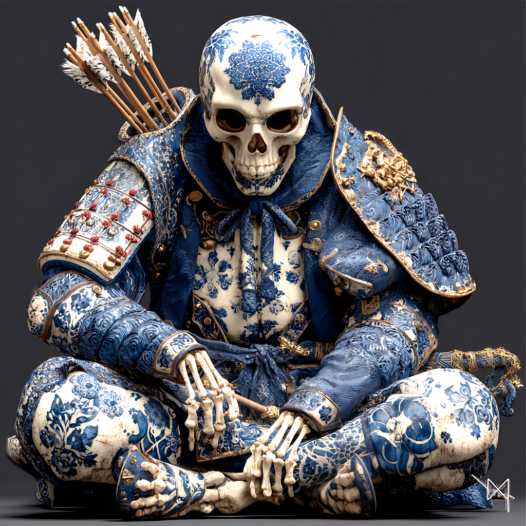 The Eternal Ronin — Blue Porcelain Skeleton Samurai Canvas