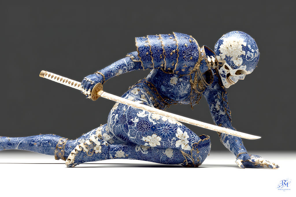 Blue Porcelain Fall of the Eternal Warrior — blue-and-white porcelain skeleton samurai crouched low, drawing a katana