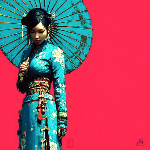 Ombrelle Azurée de Résolution Silencieuse — geisha sous une ombrelle turquoise en couleurs franches et graphiques