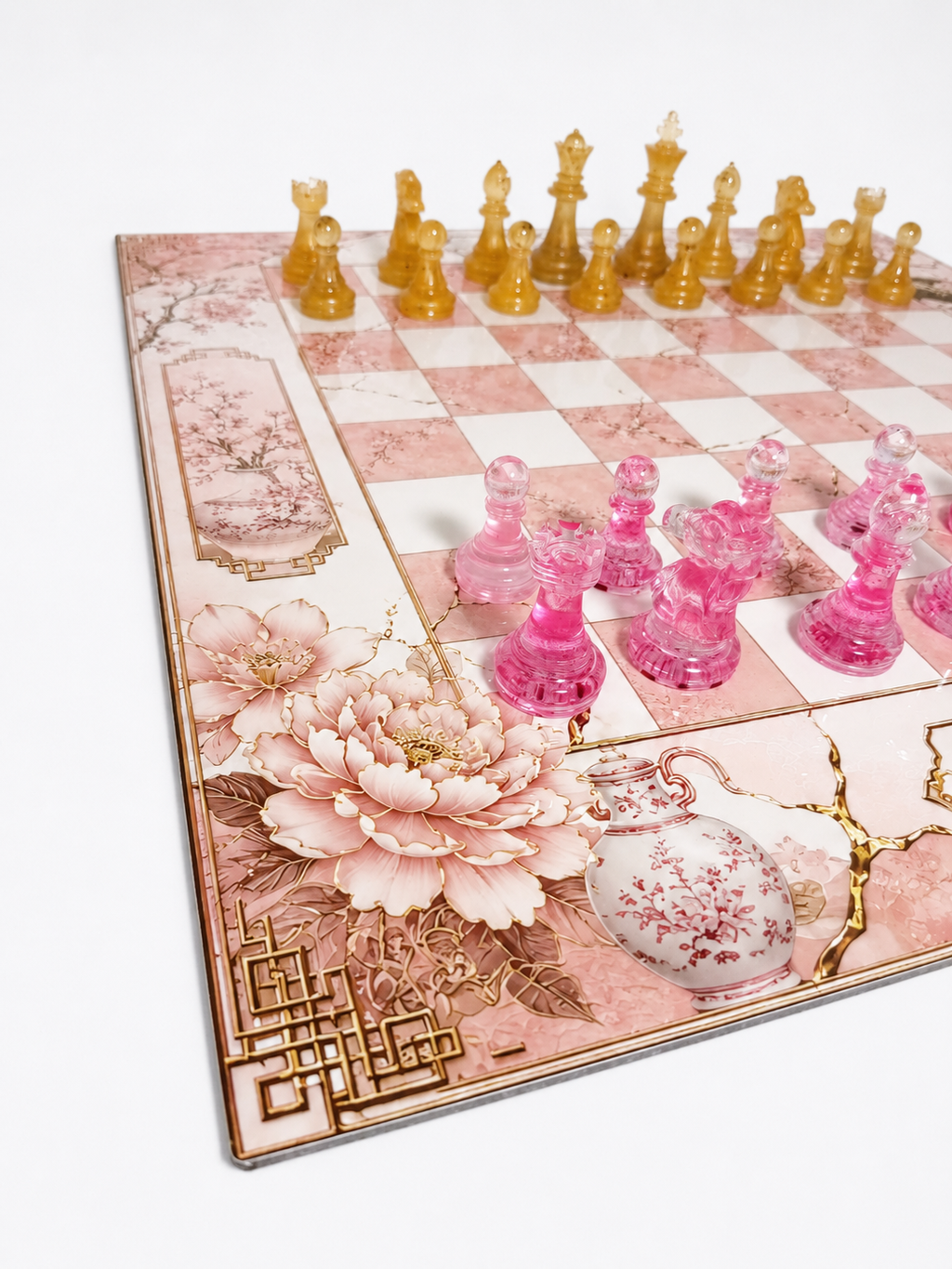 Pink Porcelain Chess Set, Geisha Collector Board