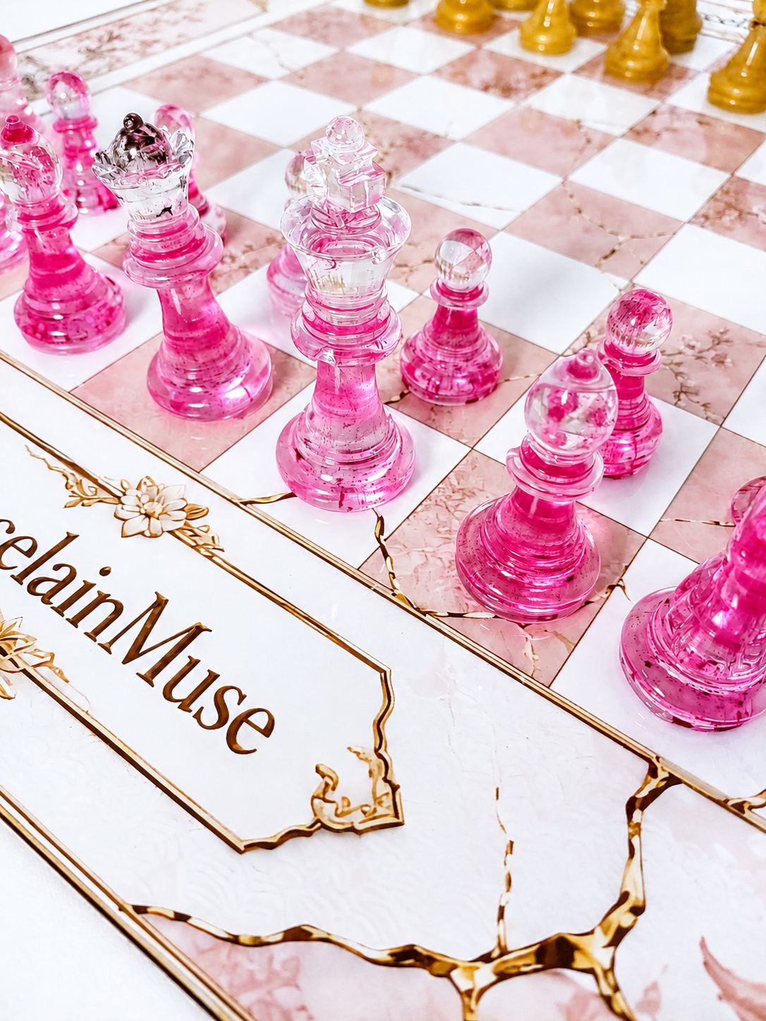 Pink Porcelain Chess Set, Geisha Collector Board