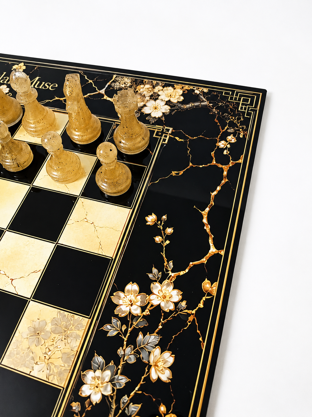 Black Gold Geisha Chess Set, Kintsugi Collector Board