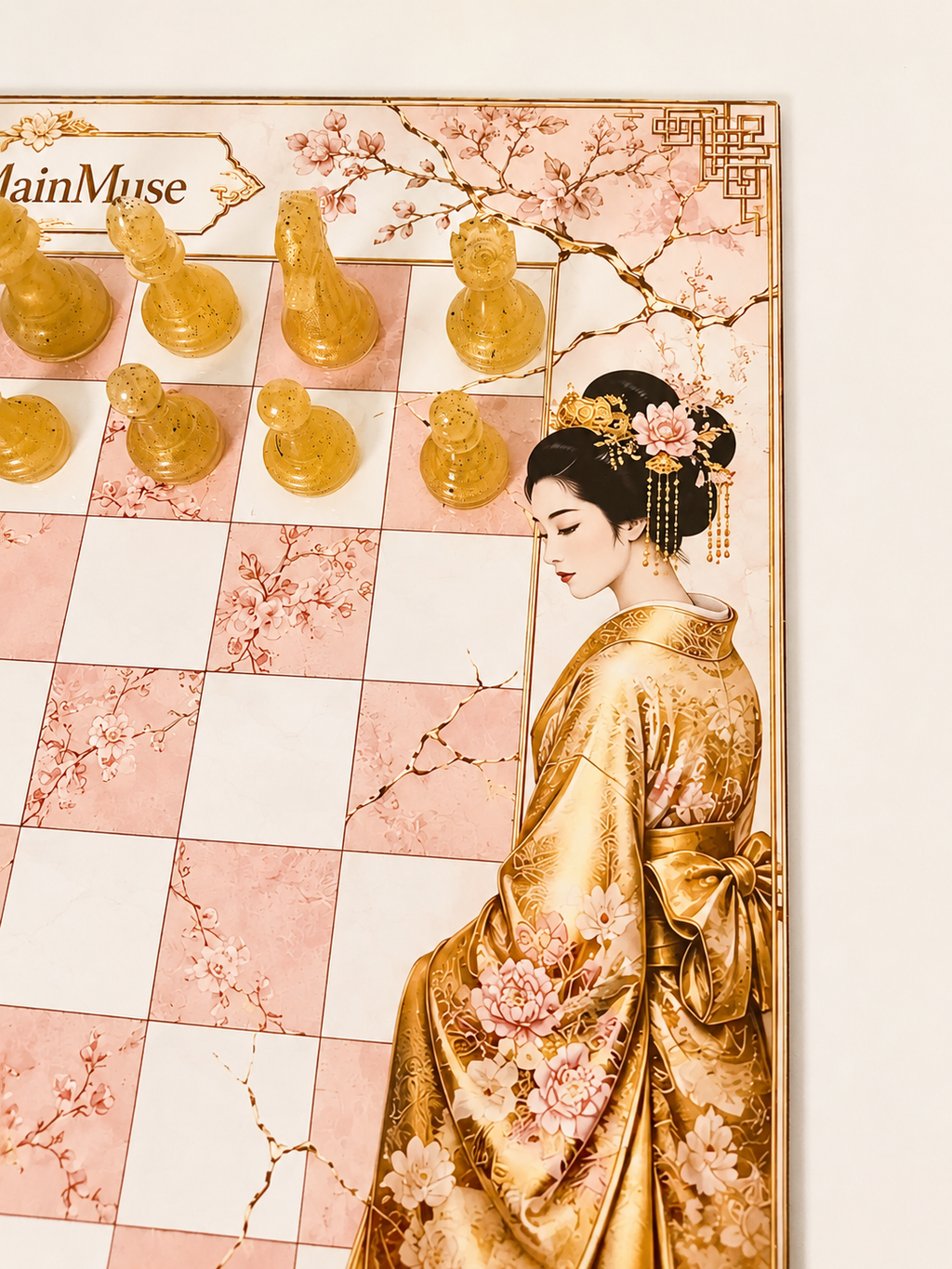 Pink Porcelain Chess Set, Geisha Collector Board