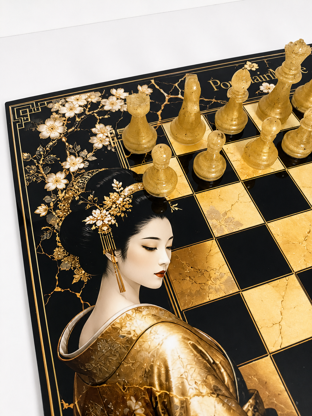 Black Gold Geisha Chess Set, Kintsugi Collector Board