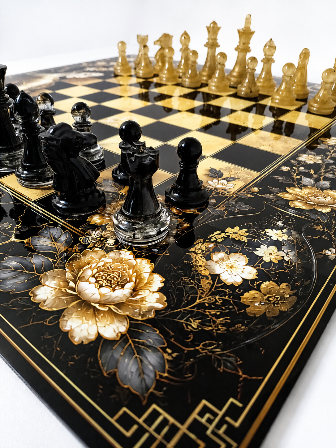 Black Gold Geisha Chess Set, Kintsugi Collector Board