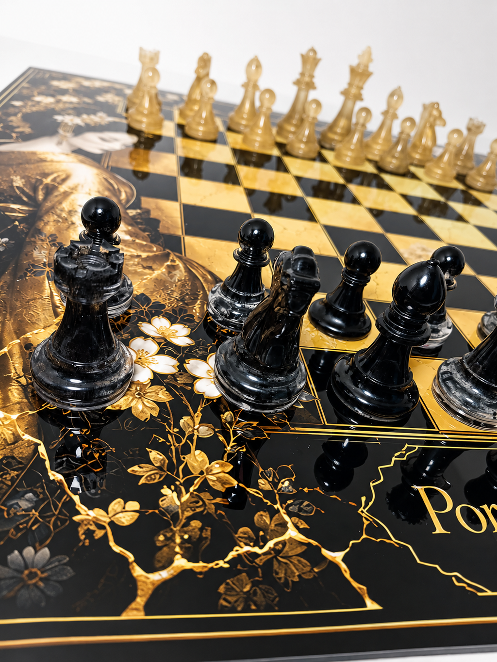Black Gold Geisha Chess Set, Kintsugi Collector Board