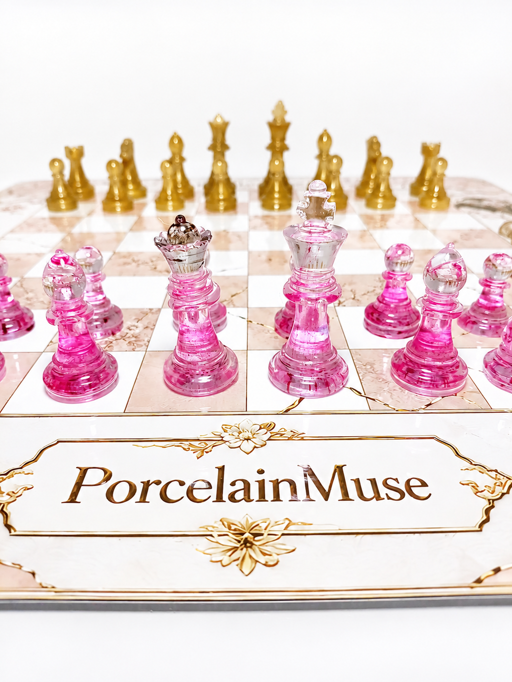 Pink Porcelain Chess Set, Geisha Collector Board