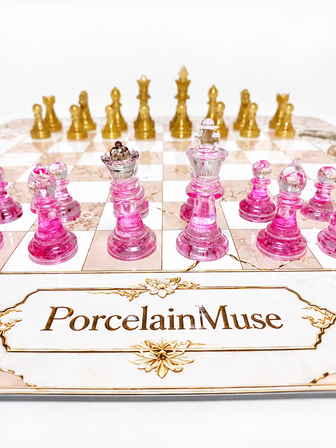 Pink Porcelain Chess Set, Geisha Collector Board