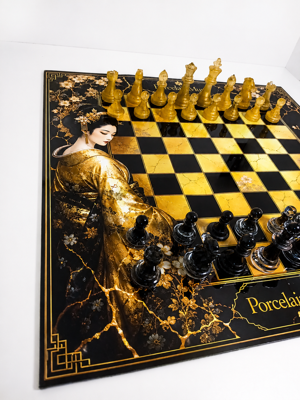 Black Gold Geisha Chess Set, Kintsugi Collector Board