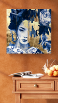 Golden Silence — Blue Porcelain Geisha Canvas Art