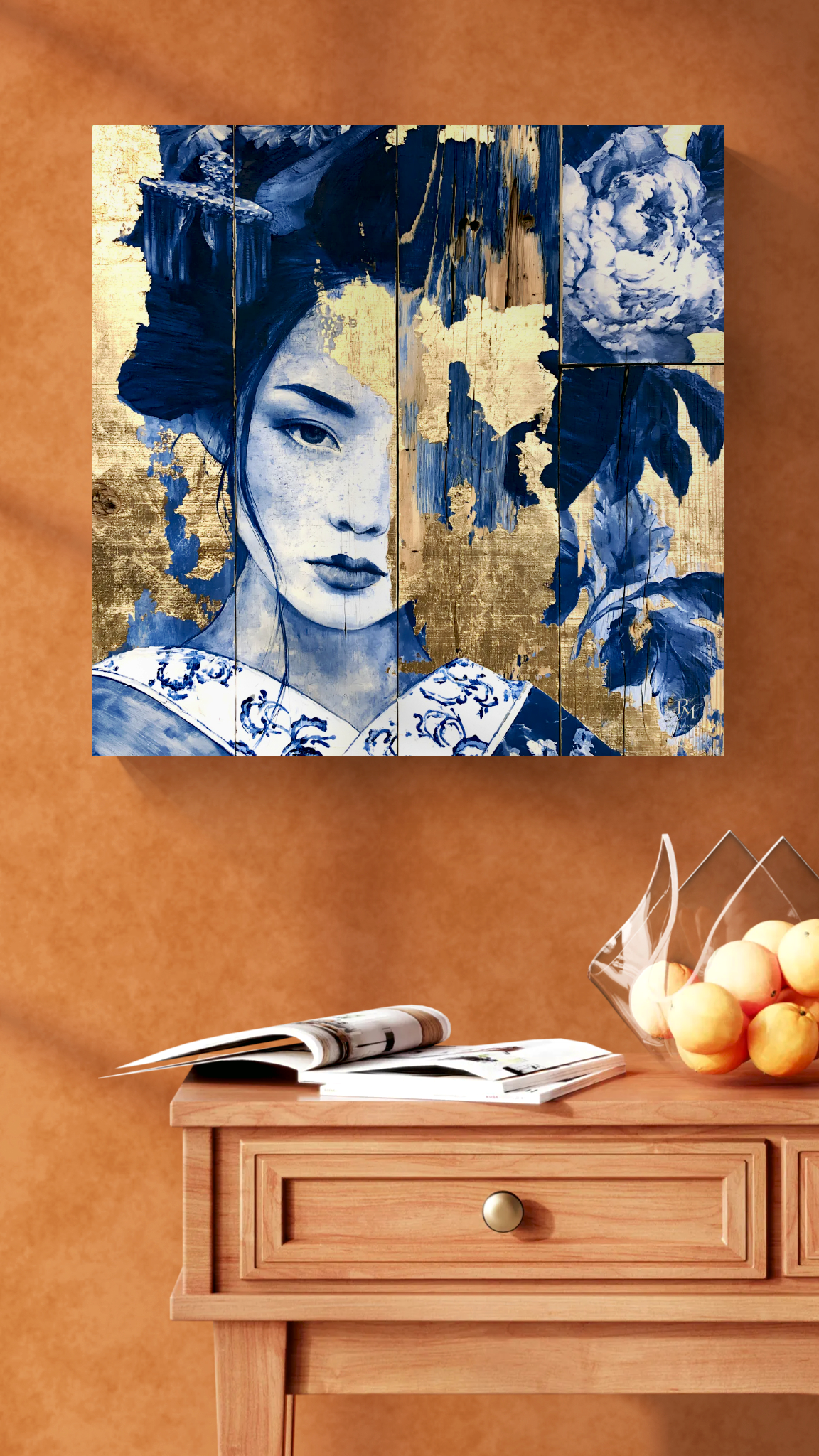 Golden Silence — Blue Porcelain Geisha Canvas Art
