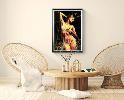 Aurum Ascension: The Living Fracture — porcelain canvas art displayed in a boho-themed living room