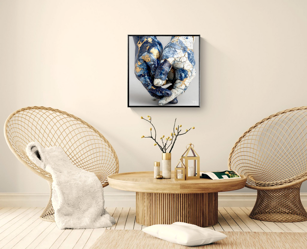 Azure Embrace — Kintsugi Porcelain Hands Canvas Art