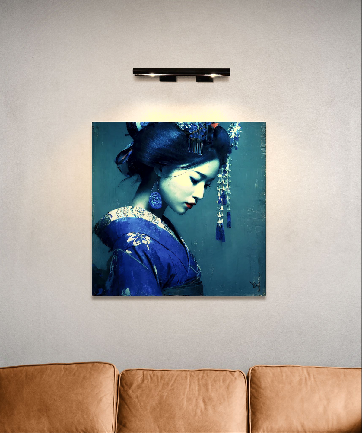 Bleu Silencieux — L'âme du Japon — toile en porcelaine présentée au-dessus d'un canapé
