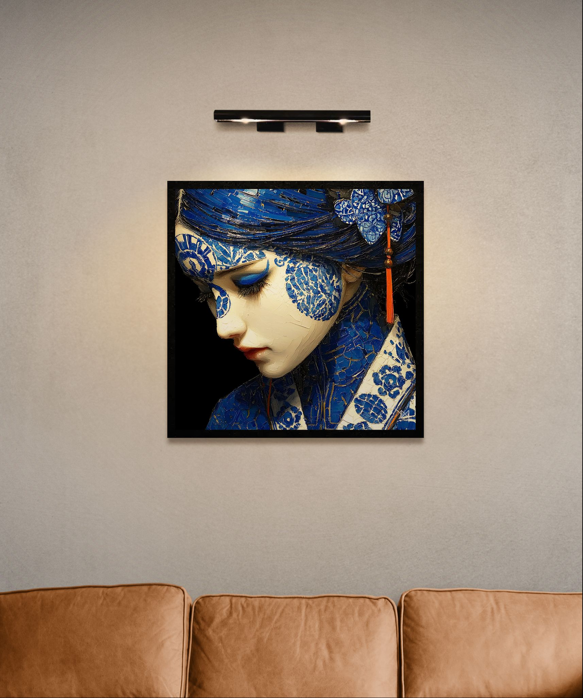 Azure Elegy — Blue Porcelain Geisha Canvas Art