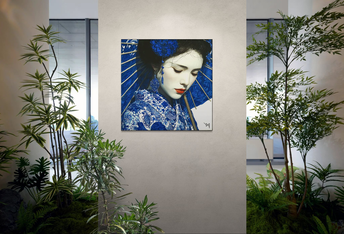 Geisha Sous l'Ombrelle Indigo — Toile en Porcelaine — PorcelainMuse