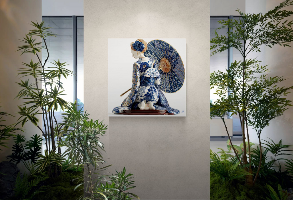 Azure Silence — Geisha of Porcelain Bloom — porcelain canvas art displayed in an office lobby garden setting