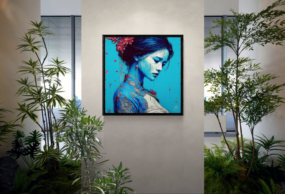 Blue Silence of Falling Petals — porcelain canvas art displayed in a garden office lobby