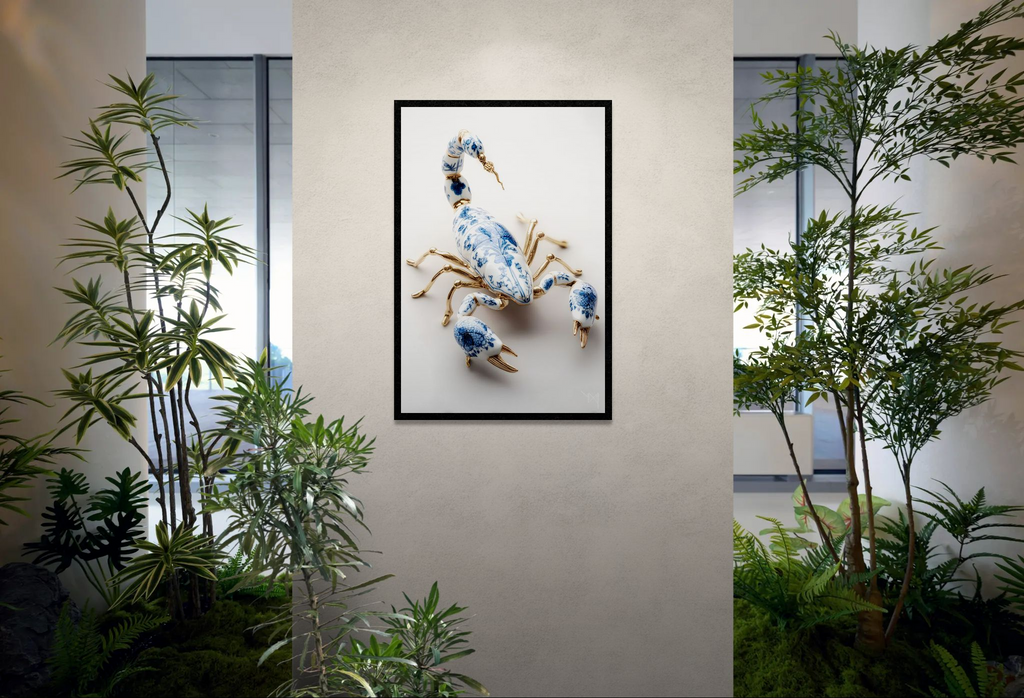 Scorpion of Cobalt and Gold — porcelain canvas art displayed in a modern office lobby