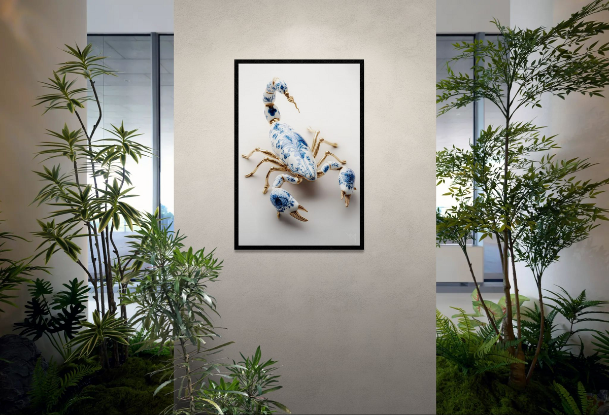 Scorpion of Cobalt and Gold — porcelain canvas art displayed in a modern office lobby