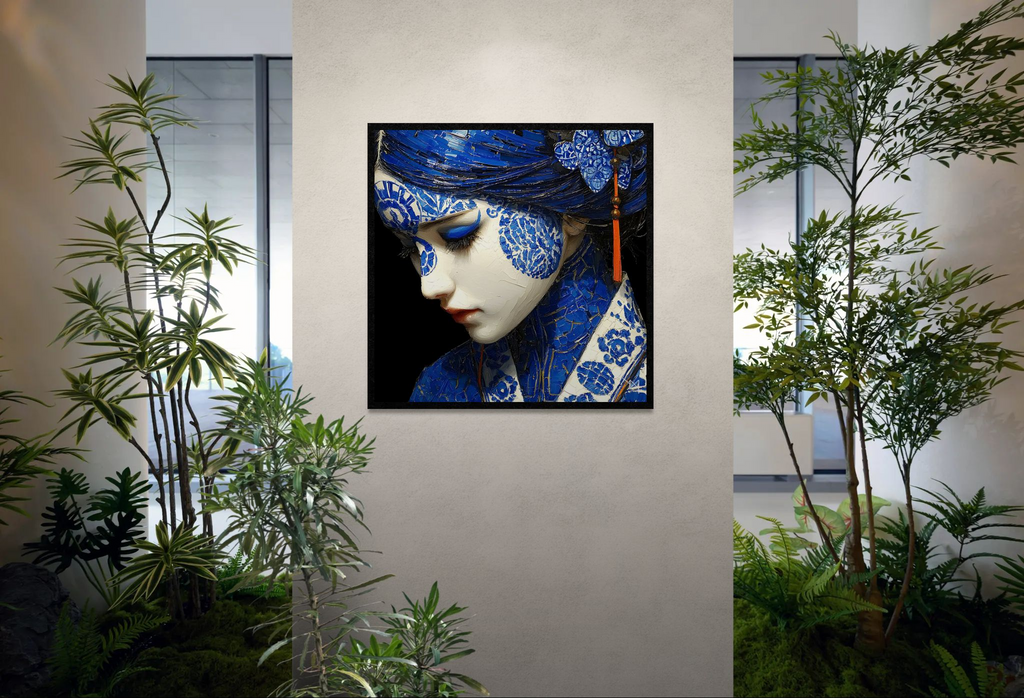 Azure Elegy — Blue Porcelain Geisha Canvas Art