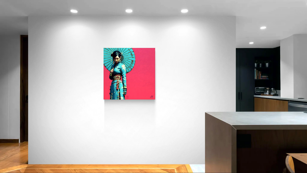 Ombrelle Azurée de Résolution Silencieuse — toile en porcelaine présentée sur un mur d'accent de cuisine
