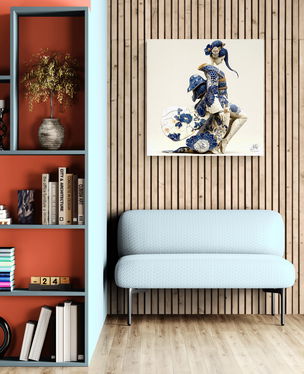 Blue Porcelain Geisha – Japanese Contemporary Art — porcelain canvas art displayed in a living room with a bench seat and bookcase