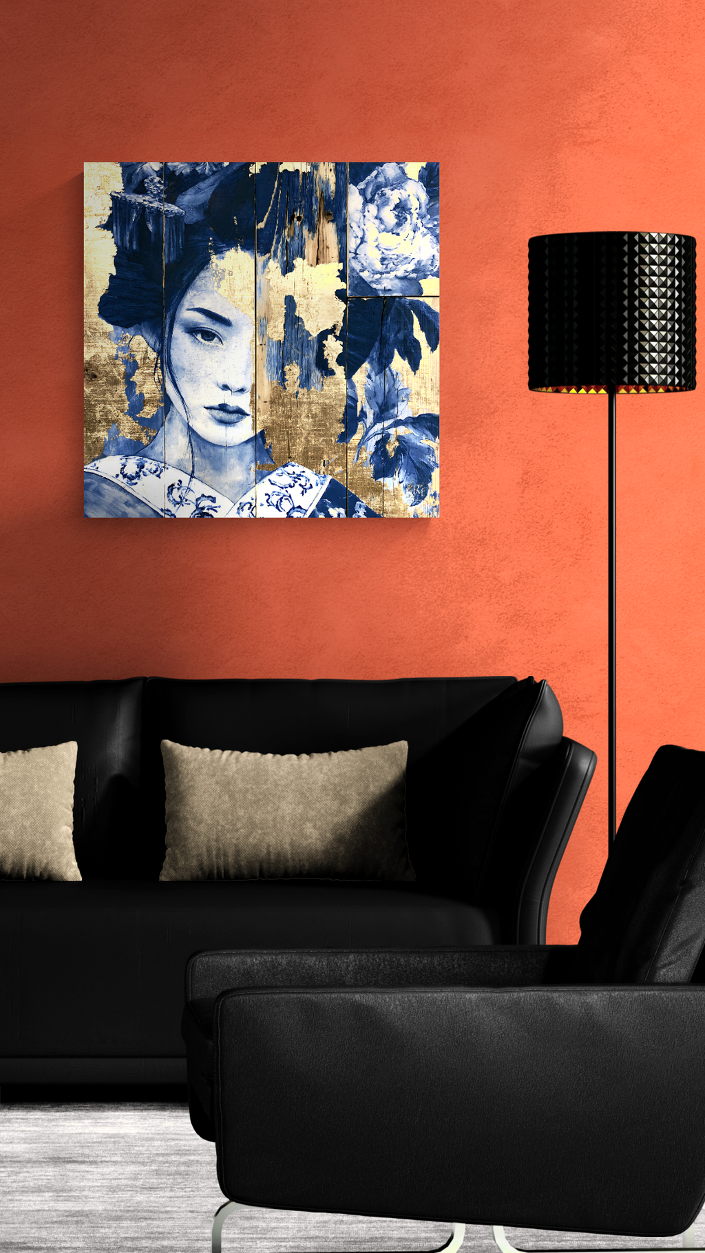 Golden Silence — Blue Porcelain Geisha Canvas Art